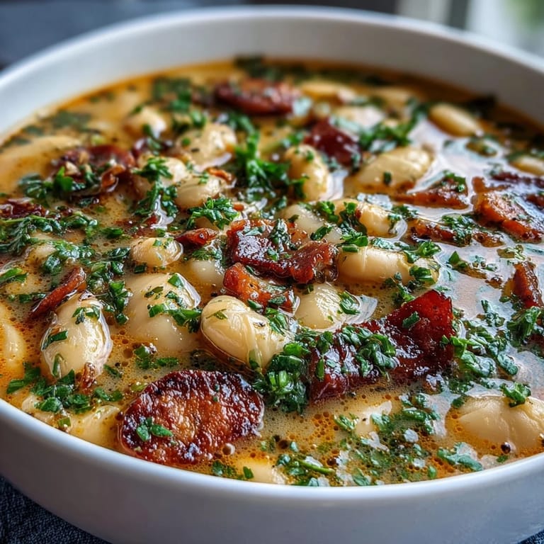 Creamy Ham and Butter Bean Soup with diced vegetables, smoky ham, and fresh thyme, perfect for a comforting meal.