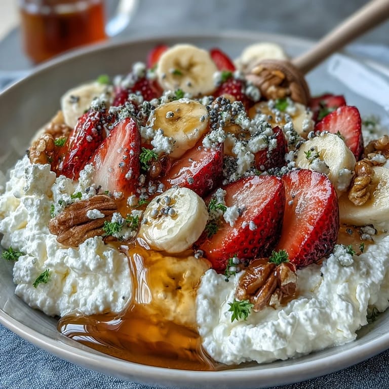 A wholesome cottage cheese fruit bowl with juicy strawberries, blueberries, and honey, garnished with crunchy walnuts and chia seeds.