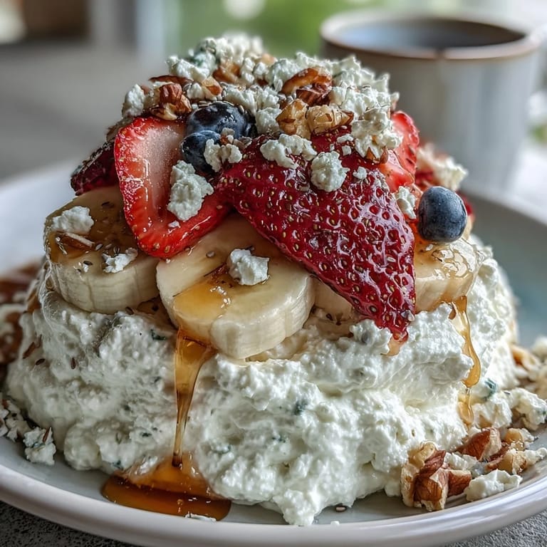 Nutritious cottage cheese paired with colorful strawberries, pineapple, and banana, finished with a sweet honey drizzle and fresh mint leaves.