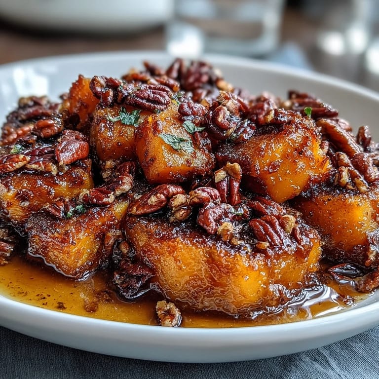 Holiday candied yams casserole featuring tender sweet potatoes in spiced maple glaze, crowned with golden pecan streusel.  