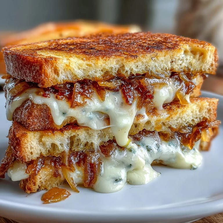 Rich Gruyere grilled cheese on tangy sourdough with golden, deeply caramelized onions.