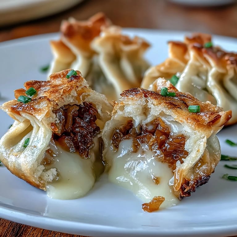 Savory French onion soup flavors wrapped in golden dumpling wrappers, topped with melted cheese and served with a warm broth drizzle.