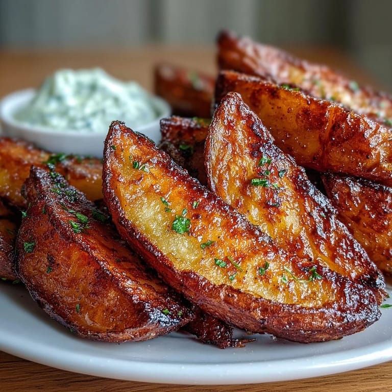Hot and crunchy air-fried potato wedges paired with tangy sour cream and spring onion dip—perfect for sharing.  