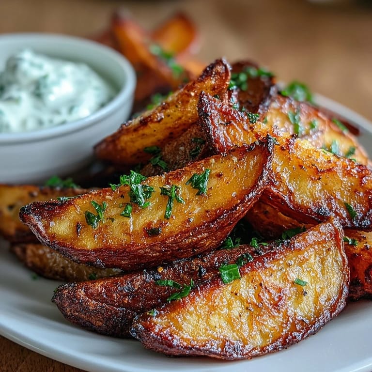 Golden-brown air fryer potato wedges with a smoky garlic crust, accompanied by refreshing spring onion yogurt dip.