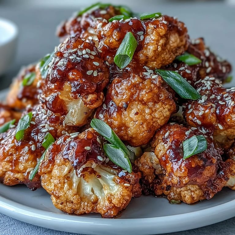 Golden-brown air fried cauliflower coated in a tangy General Tsos sauce, perfect as a vegetarian appetizer or main dish.  