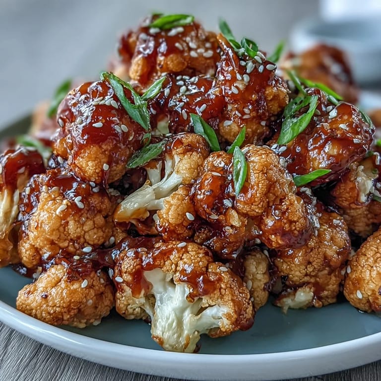 Crispy cauliflower bites tossed in a rich, zesty General Tsos sauce, served hot with a sprinkle of sesame seeds and fresh scallions.