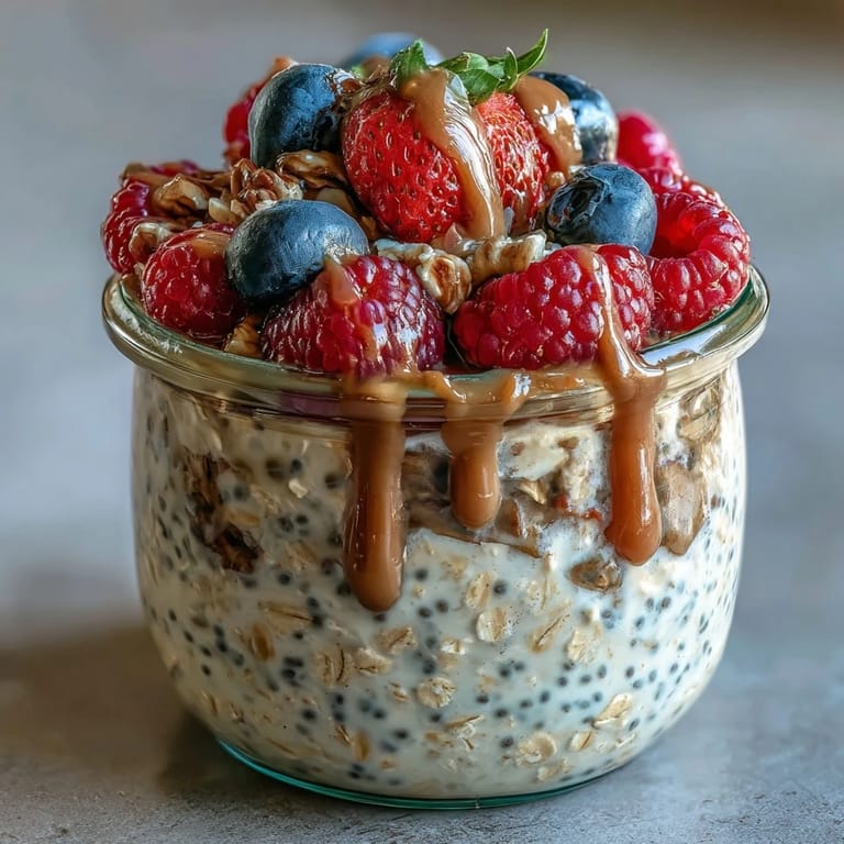A jar of overnight oats layered with berries and almond butter, perfect for easy, nutritious meal prep.