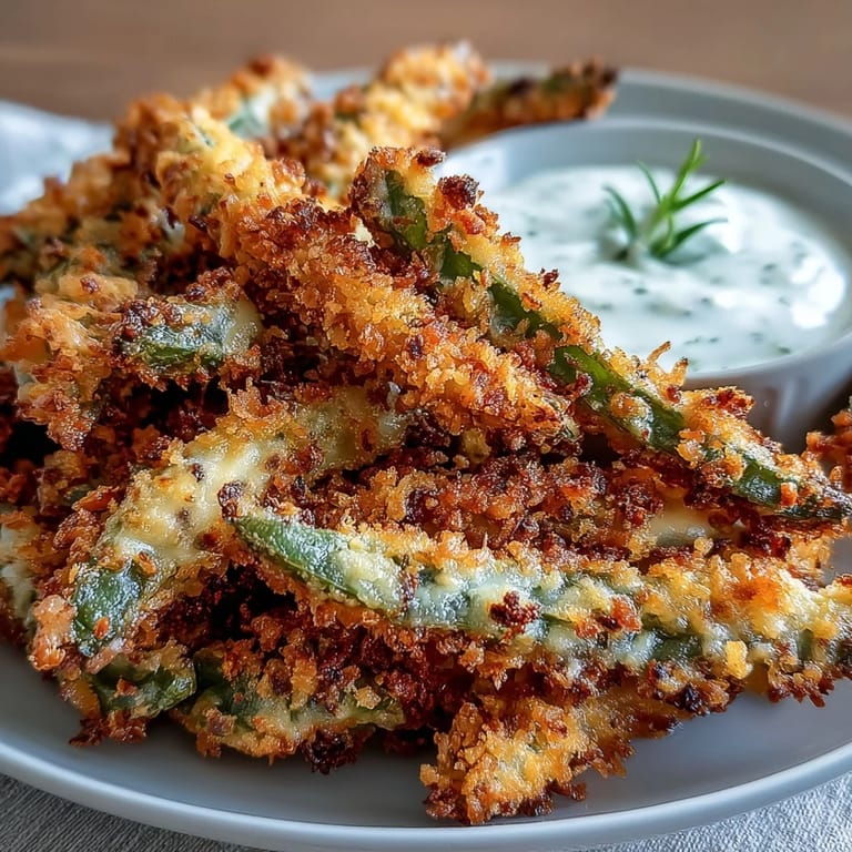 Lightly crisp green bean fries with a golden panko coating, served alongside tangy ranch yogurt dip for a vegetarian appetizer.