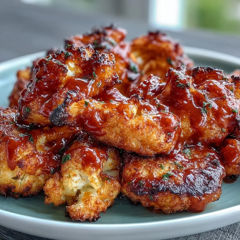 Golden-brown air fried cauliflower wings coated in tangy Buffalo sauce, served with celery sticks.  