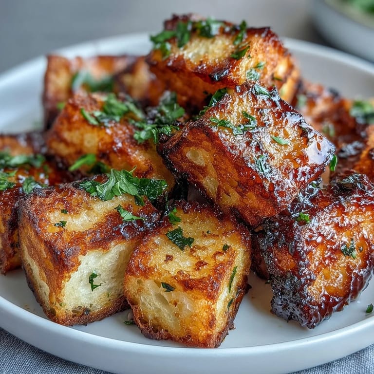 Crunchy air fryer sourdough croutons infused with garlic, olive oil, and Italian herbs for a savory, golden bite.  