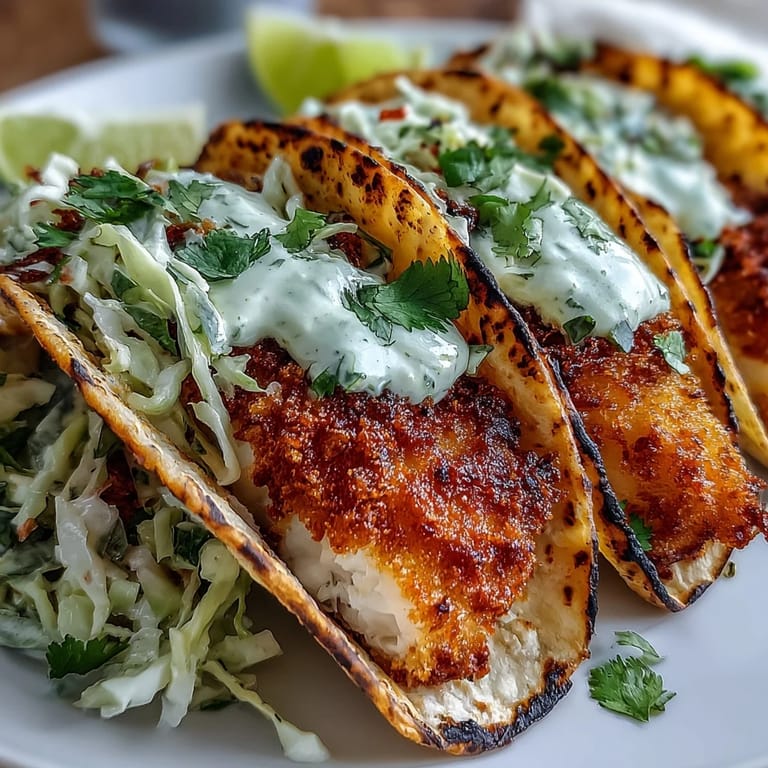 Crispy air fryer fish tacos topped with vibrant cabbage slaw, fresh cilantro, and zesty lime crema, served on soft tortillas.  
