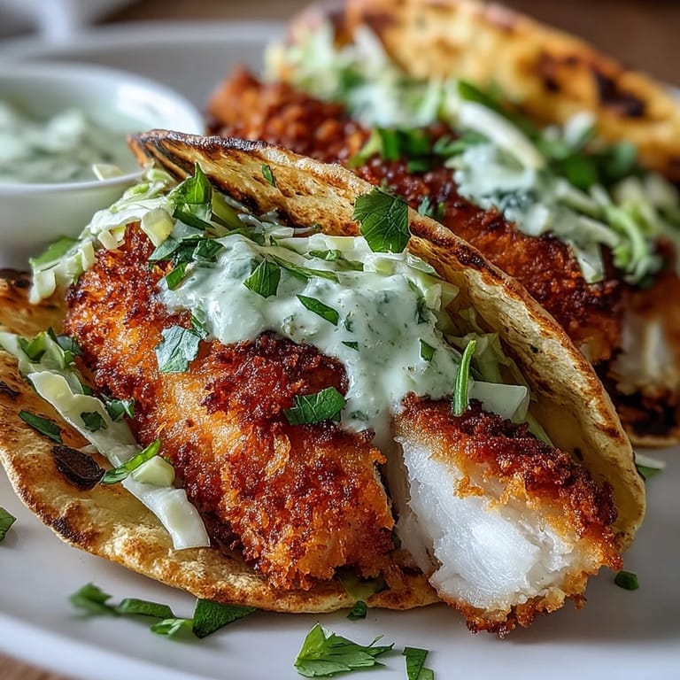 Golden air fryer fish tacos with crunchy cabbage slaw, drizzled with creamy lime sauce, perfect for a quick weeknight meal.