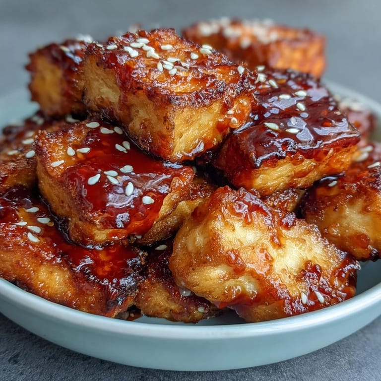 Air-fried tofu bites coated in a tangy sweet chili sauce, perfect for a quick and satisfying plant-based meal.