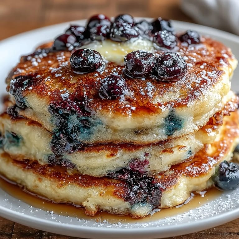 Fluffy lemon blueberry pancakes with a tangy sourdough twist, garnished with extra berries and a dusting of powdered sugar.  