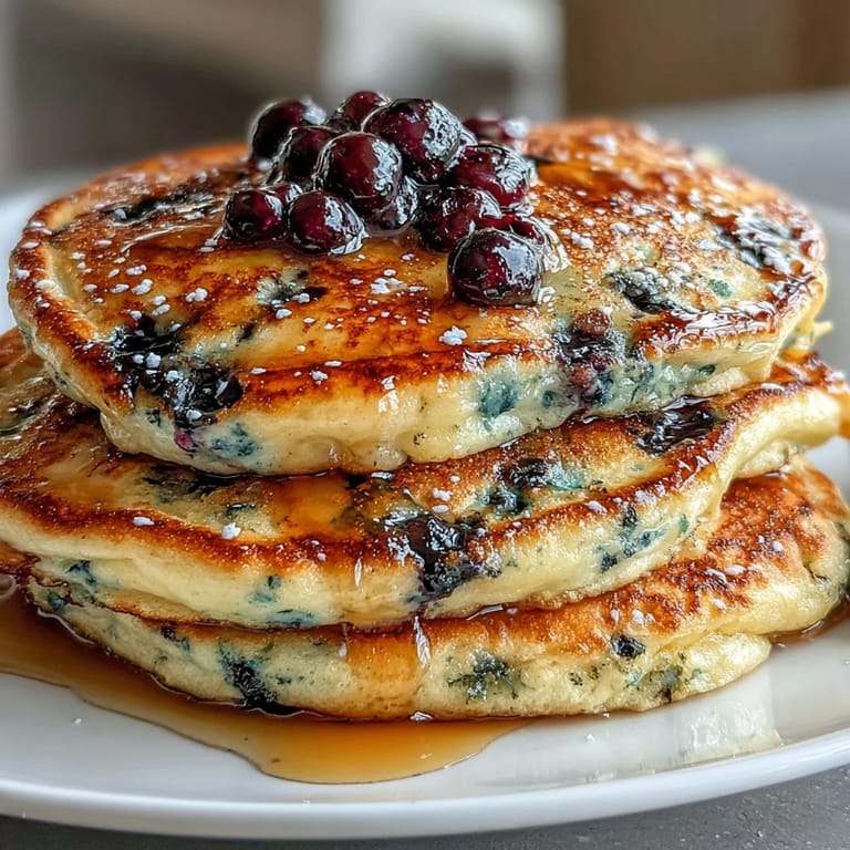 Close-up of homemade sourdough discard pancakes bursting with blueberries and lemon zest, ready to be enjoyed for breakfast.