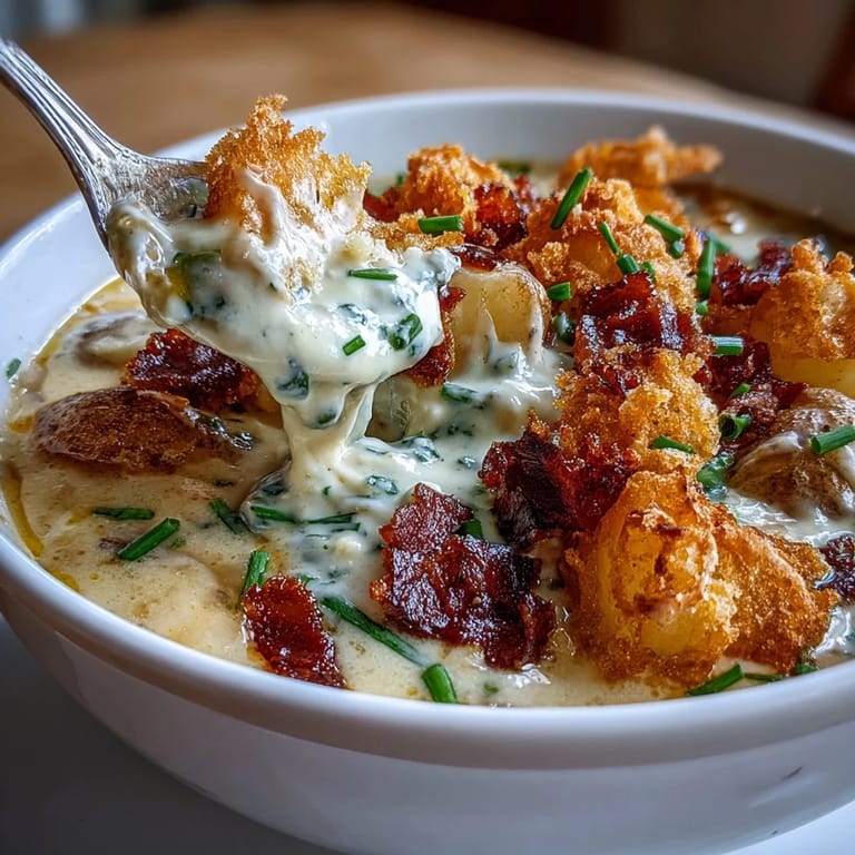 Hearty soup blending funeral potatoes and loaded baked potato tastes, finished with crunchy chips, bacon crumbles, and fresh chives.