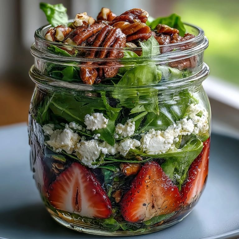 Vibrant layered salad jars filled with sweet strawberries, creamy goat cheese, and mixed greens, perfect for picnics or on-the-go meals.