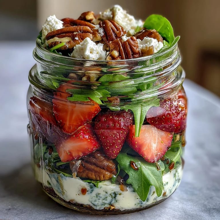 Fresh strawberry and goat cheese salad jars with crisp greens, toasted nuts, and balsamic dressing, ready to grab for lunch or picnics.