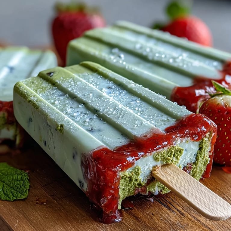 Silky popsicles blending sweet strawberry puree and earthy matcha latte, ideal for cooling down on warm days.  