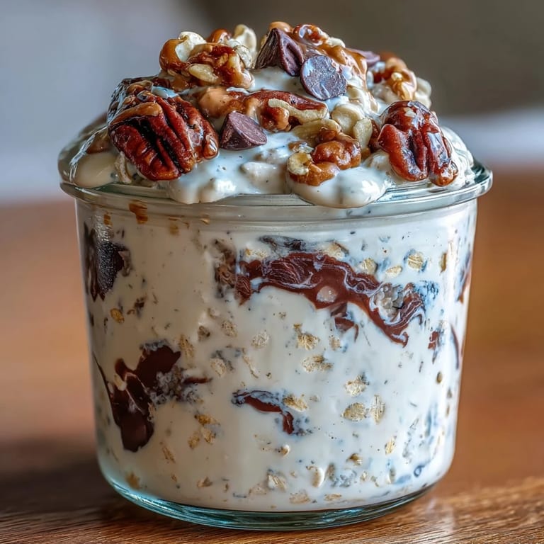 Creamy vanilla overnight oats layered with mini chocolate chips and crunchy walnuts for a satisfying, protein-rich breakfast.