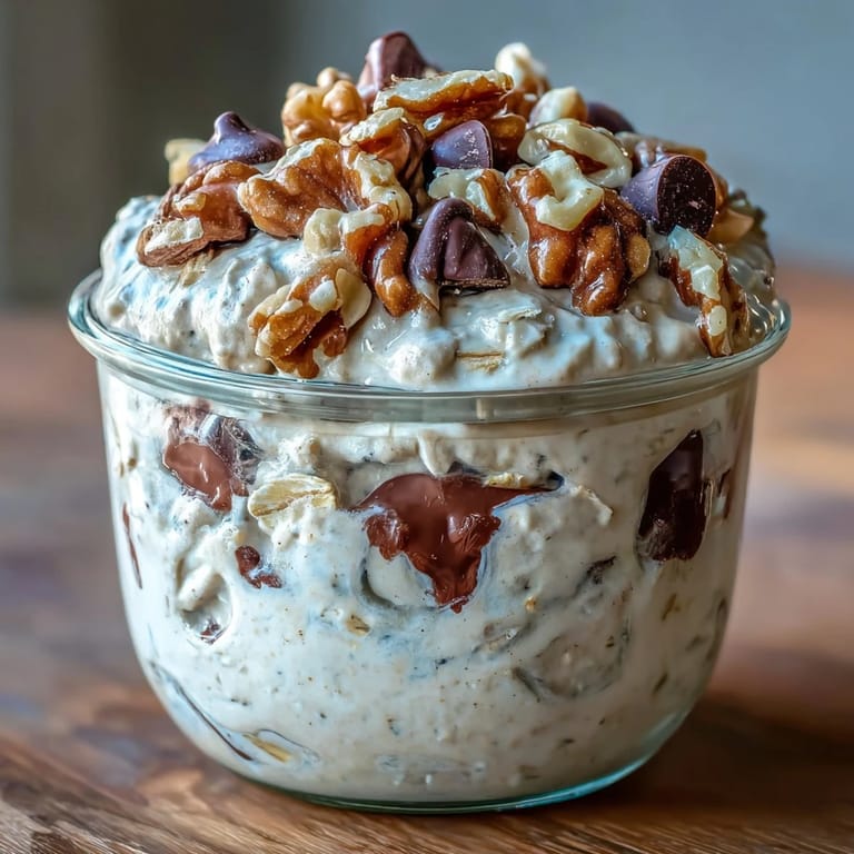 Two servings of cookie dough-inspired overnight oats topped with almond butter drizzle and extra chocolate chips.