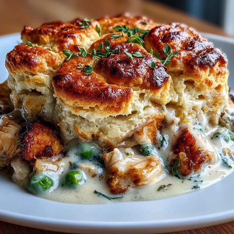 A comforting one-dish meal of tender chicken, peas, and carrots in creamy sauce, topped with homemade buttermilk biscuit rounds straight from the oven.