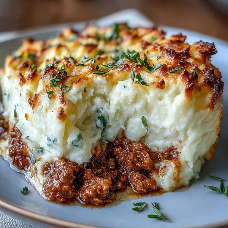 A comforting, lightened-up Turkey Shepherds Pie with tender turkey, peas, carrots, and a fluffy cauliflower-potato topping.