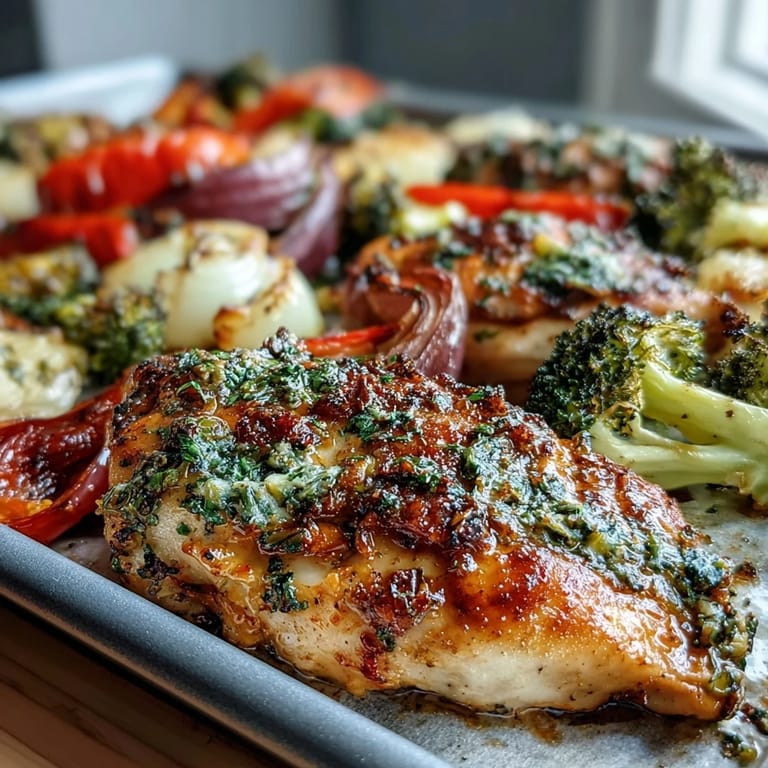 Easy one-pan dinner with roasted chicken and mixed vegetables, seasoned with herbs and olive oil, perfect for a nutritious weeknight meal.