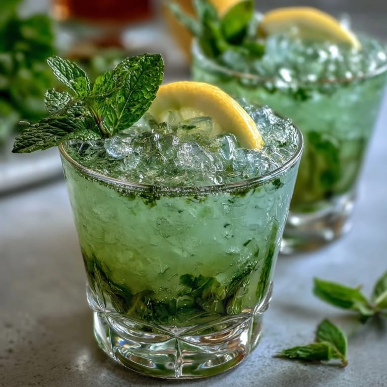 Festive mini mint julep mocktails featuring homemade mint syrup, zesty lemon, and sparkling ginger ale over crushed ice for a cooling sip.