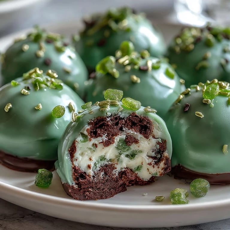 Lucky St. Patrick's Day dessert featuring chocolate Oreo truffles dipped in green candy melts.  