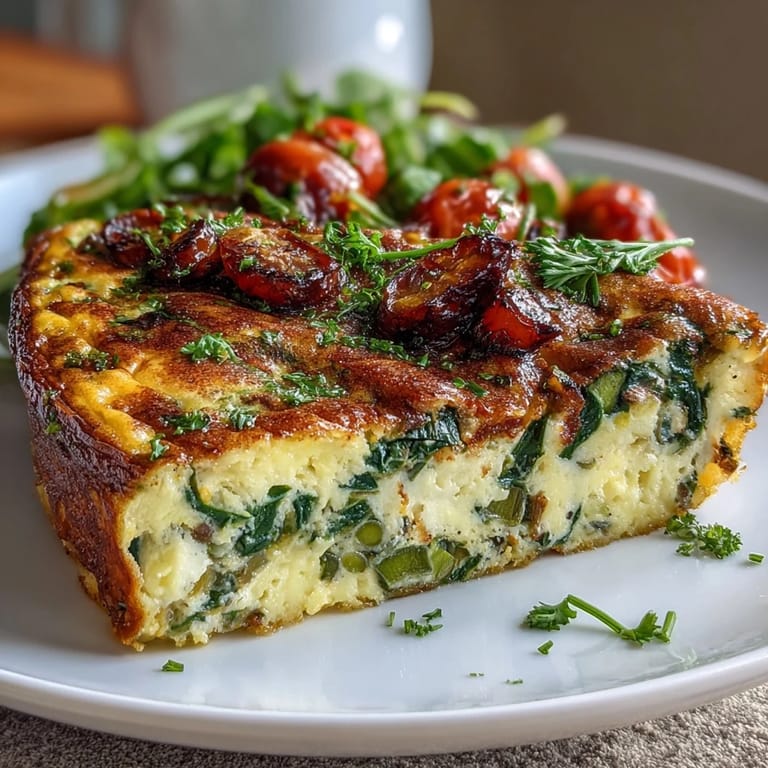 Fluffy Spring Veggie Frittata with Asparagus and Goat Cheese, loaded with fresh greens, cherry tomatoes, and savory herbs for a satisfying meal.