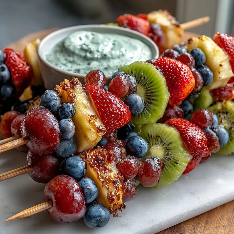 Playful kid's bento box with rainbow fruit skewers, sweet yogurt dip, and tasty sandwich wedges—ideal for lunchboxes, picnics, or healthy after-school snacks.