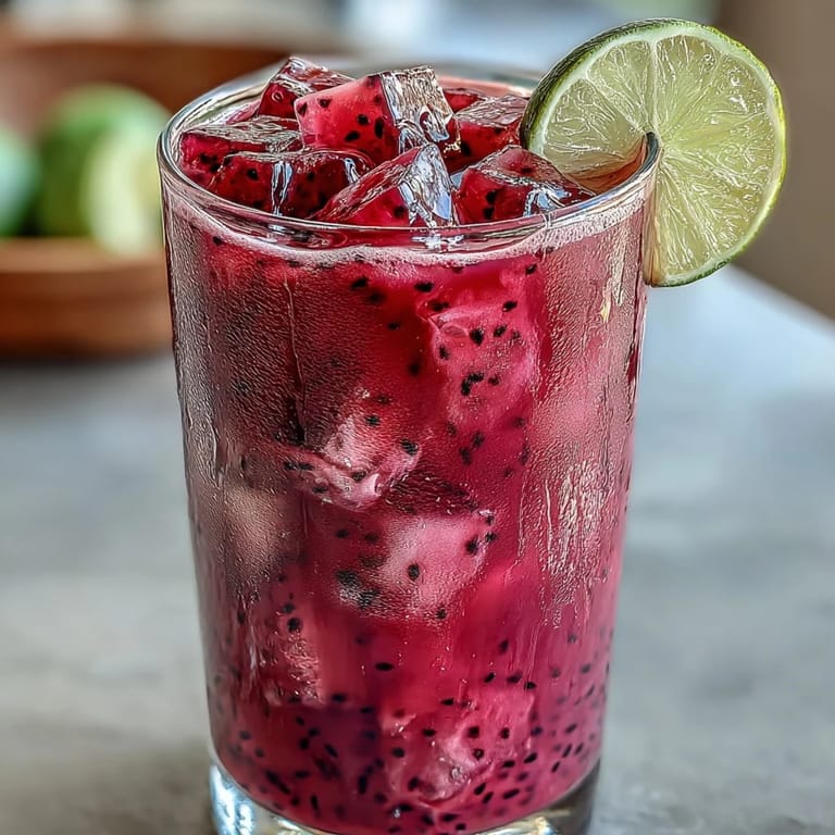 Refreshing tropical drink featuring pink dragon fruit, strawberries, and coconut milk, perfect for a sunny afternoon.