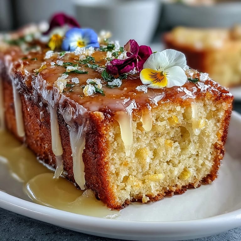 Bright lemon cake topped with zesty drizzle and delicate edible blooms, ideal for springtime gatherings.