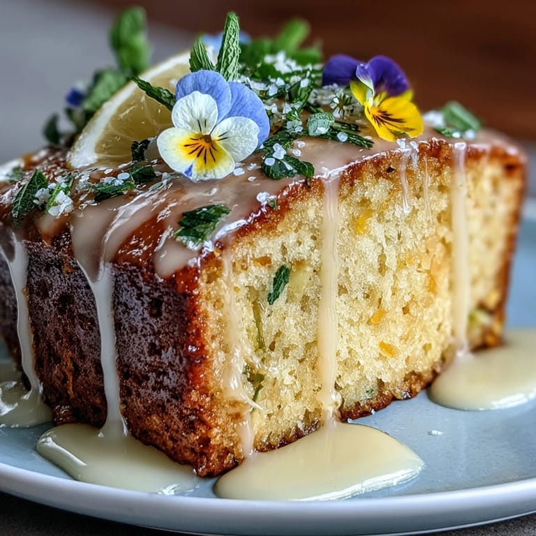 Elegant lemon cake with sweet glaze and edible flower decorations, a lovely Mothers Day dessert.