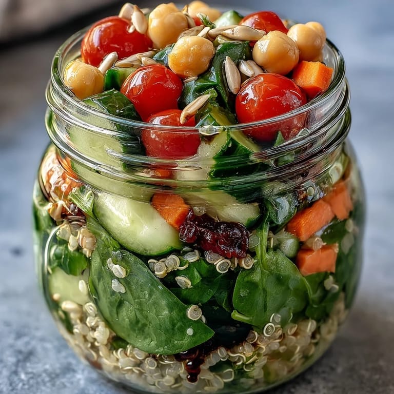 Bright and nutritious mason jar salads featuring cherry tomatoes, cucumbers, and your choice of protein, ready to enjoy all week long.