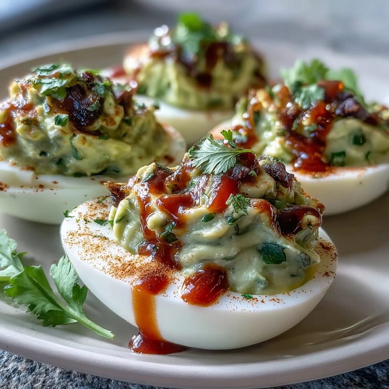 Sriracha-drizzled avocado deviled eggs garnished with paprika, offering a colorful and flavorful party snack or appetizer.