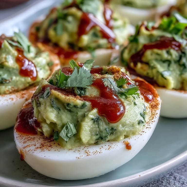 Vibrant green avocado filling in classic deviled eggs, finished with a fiery Sriracha kick and fresh cilantro.