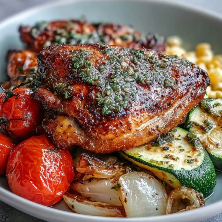 Colorful one-pan chicken dinner with tender zucchini, sweet corn, and cherry tomatoes, seasoned with smoky paprika and fresh herbs.