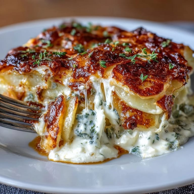 Layers of tender Yukon Gold potatoes baked in a silky cream sauce, topped with melted Gruyere and Parmesan for a luxurious side dish.