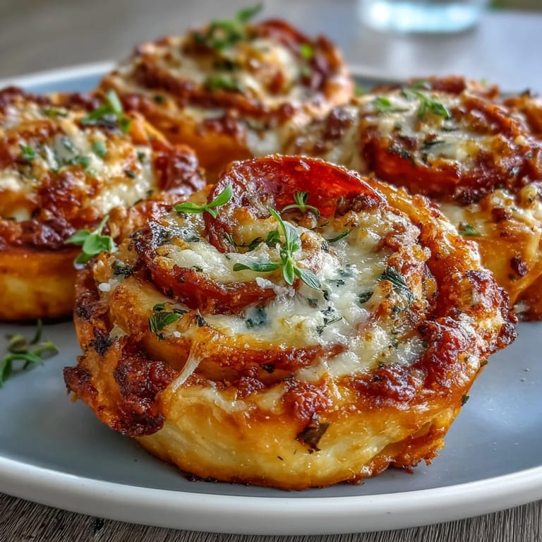 Warm, flaky pizza pinwheels stuffed with zesty marinara, melted cheese, and pepperoni—ideal appetizer for any occasion.  