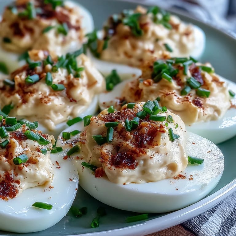 A platter of classic deviled eggs topped with paprika and fresh chives, ideal for parties and potlucks.