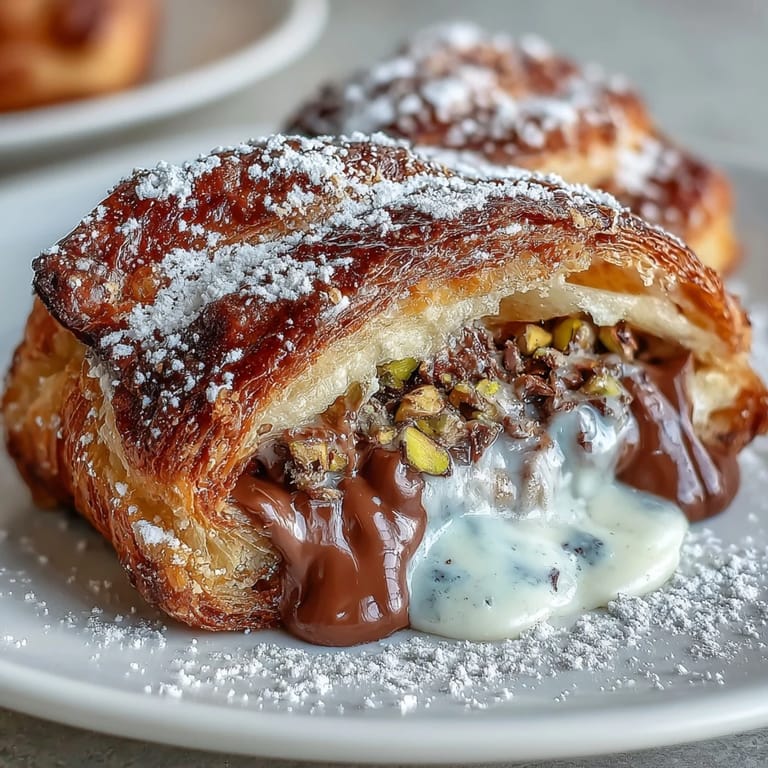 Rich, custardy Dubai Chocolate Pistachio Croissant French Toast ready to be dusted.
