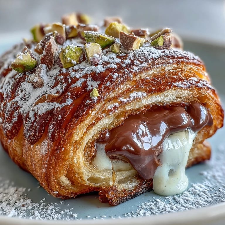 Decadent Dubai Chocolate Pistachio Croissant French Toast served warm with crunchy nuts.