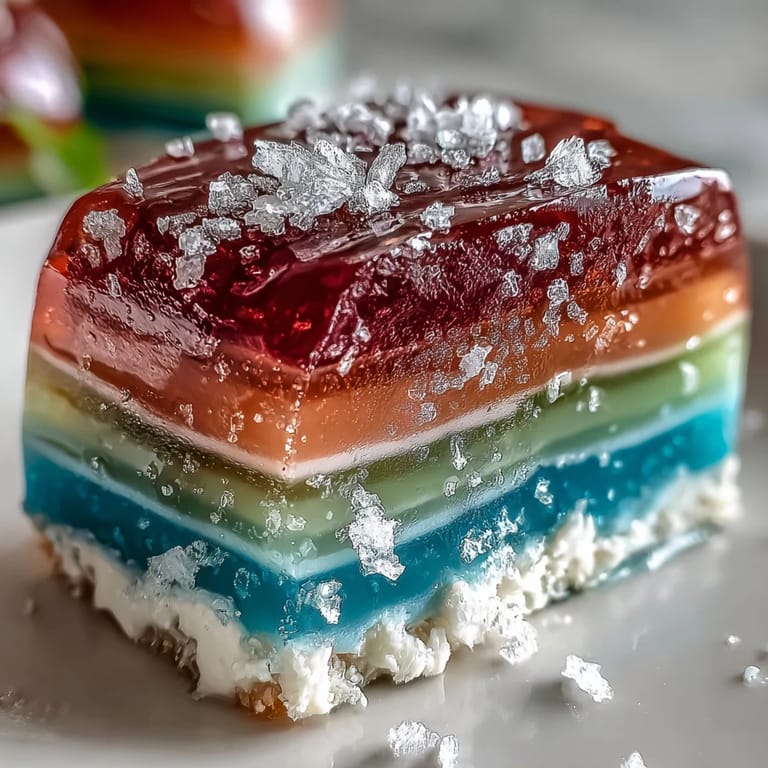 Silky rainbow layers of this jelly cake topped with rich coconut cream.
