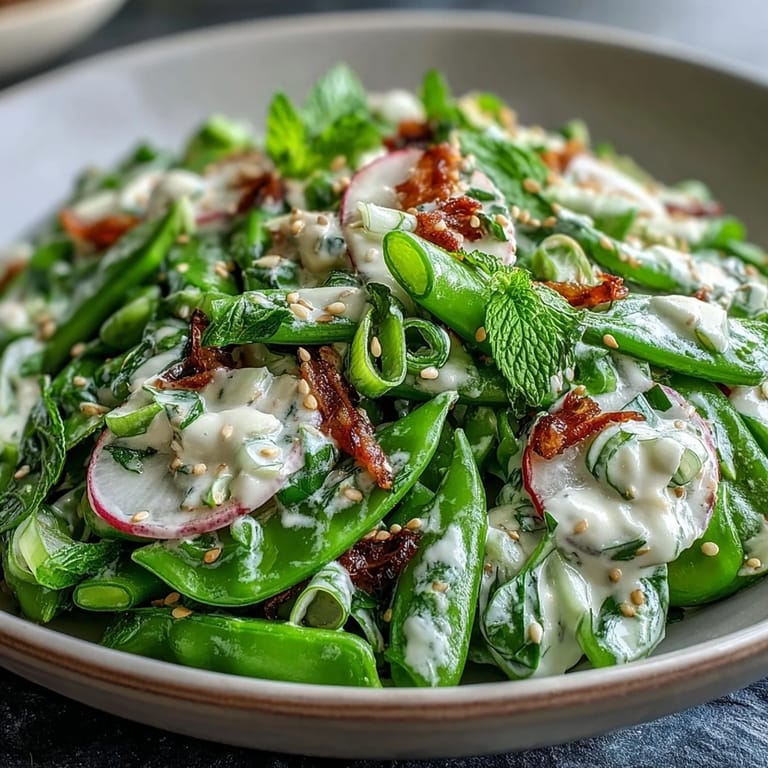Colorful snap pea and radish spring salad topped with toasted sesame seeds.