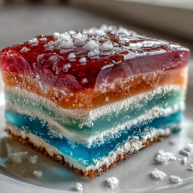 Enjoy a cool slice of Rainbow Jelly Cake, a refreshing summer treat.