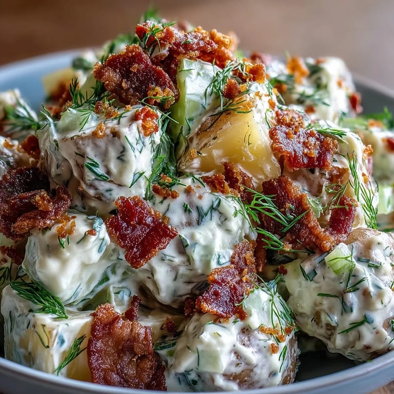 Crispy bacon Memorial Day Potato Salad, a picnic-perfect, tangy American classic.