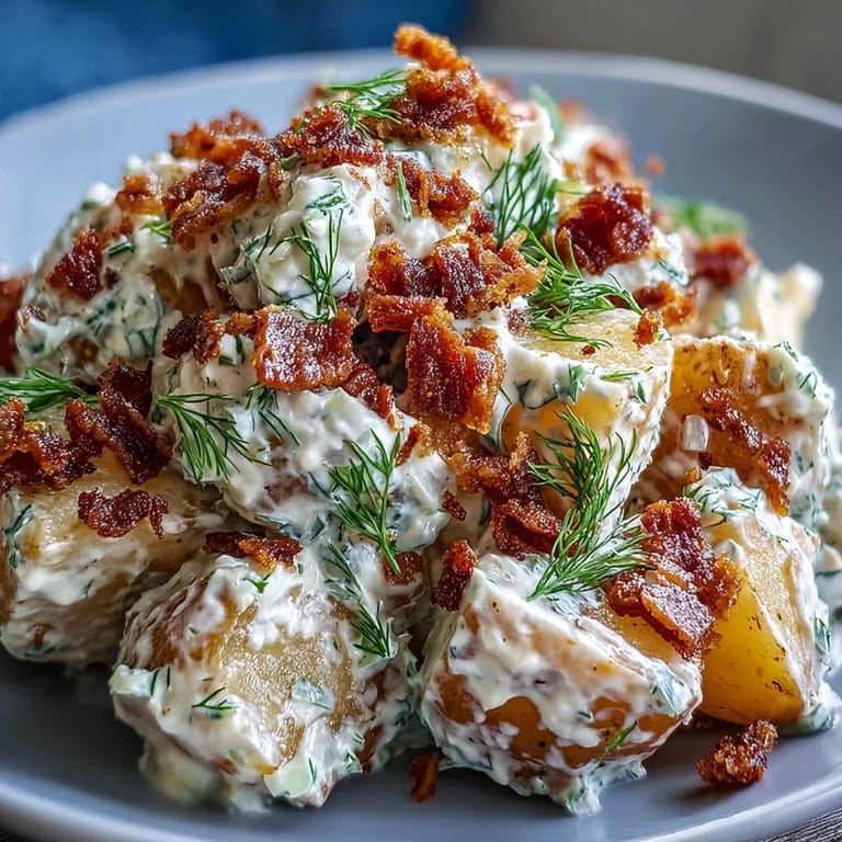 Fresh dill Memorial Day Potato Salad, studded with savory bacon bits, ready to serve.
