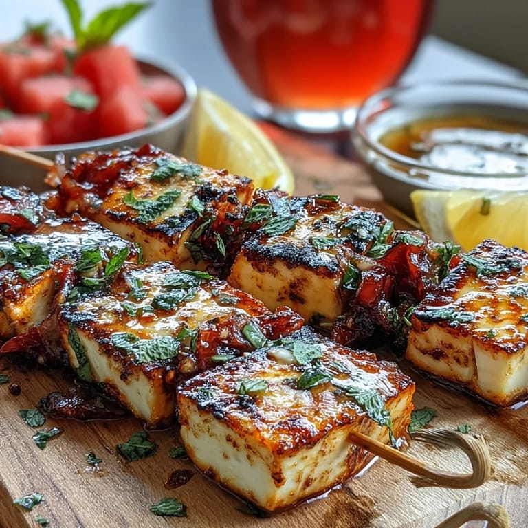 Golden halloumi cheese, watermelon, and mint skewers sizzling on a grill.